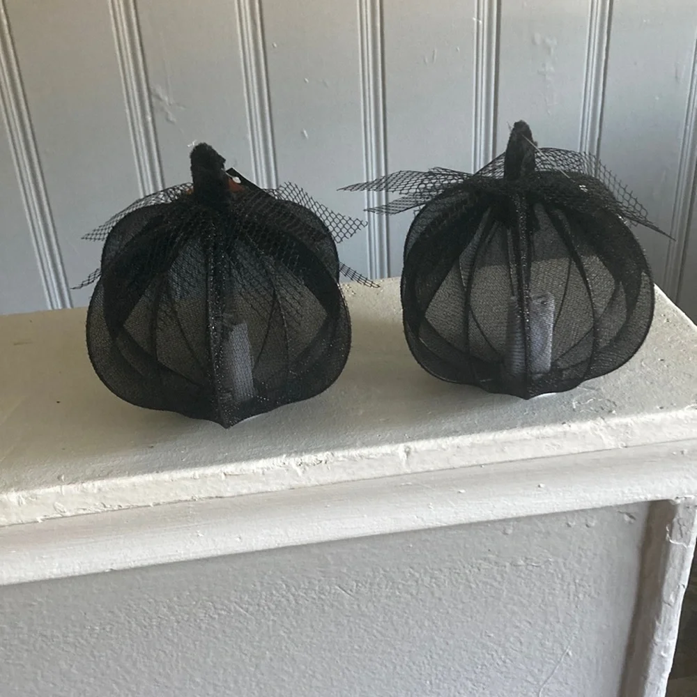 NWT- 2- Elegant Black Lace Covered Light Up LED Halloween Pumpkin Decorations